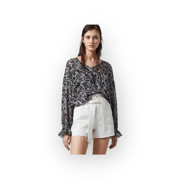 new Allsaints ✽ Penny Ambient Chiffon Surplice Top ✽ Pale Grey Leopard Print ✽ S - Picture 15 of 16